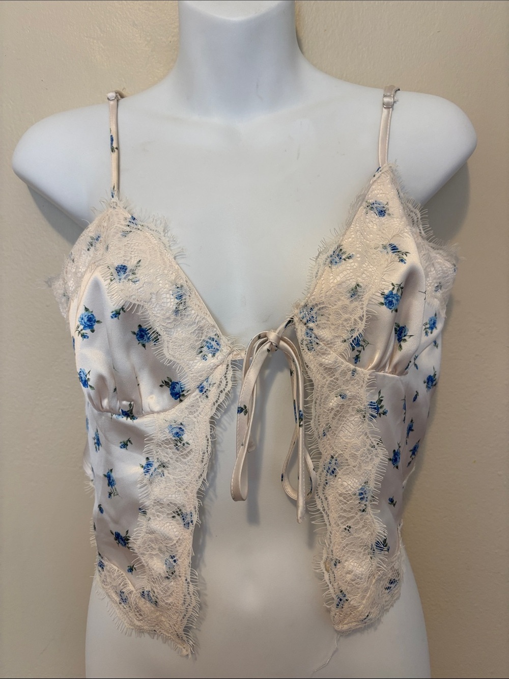Forever 21 Cream Satin Cami with Blue Floral Print and Lace